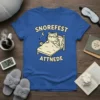 Snorefest Attnede text with a sleeping cat graphic on a blue t-shirt, perfect for cat lovers and nap enthusiasts