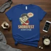 Snorefest Survivor t-shirt design featuring a tired cartoon character hugging a pillow with Zzzs and bold text