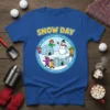 Snow Day t-shirt with cartoon children playing in the snow, building an igloo, snowman, and snow fort