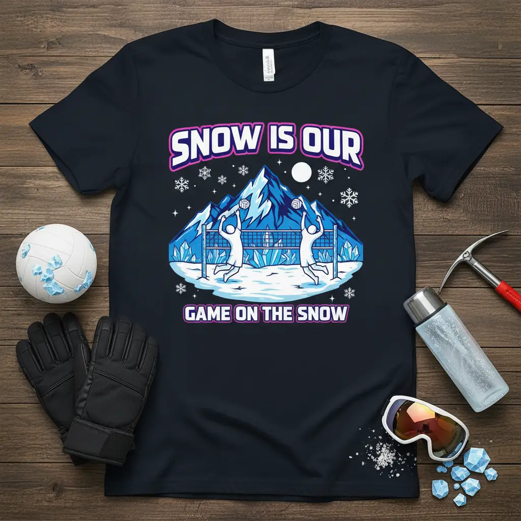 Snow Is Our Game On The Snow volleyball design with cartoon players and snowy mountains