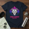 Snow leopard with striking blue eyes and retro mountain graphic, text "SNOW LEOPARD BLUE EYES"