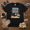 Snow Much Woof t-shirt design with playful puppies and snowflakes, featuring bold blue and orange text