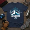Snowboard Life t-shirt design featuring a snowboarder on a mountain peak with a heartbeat line graphic