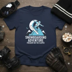 Snowboarding Adventure Freedom on the Slopes t-shirt design featuring a snowboarder mid-air with mountains and moon graphic