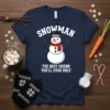 Snowman wearing a hat and scarf with the text "Snowman The Best Friend You'll Ever Melt" on a navy t-shirt
