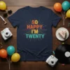 So Happy I'm Twenty retro birthday t-shirt design with colorful sunburst graphic