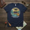 So Much To Explore t-shirt design with seaplane, guitar, fishing boat, and wave graphic