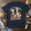 Retro t-shirt design: "So This Is How U Make Biscuits" with a cat and woman baking together, vintage style