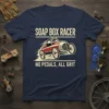 Soap Box Racer No Pedals All Grit text on a navy blue t-shirt with a vintage red and white soap