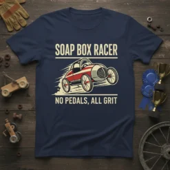 Soap Box Racer No Pedals All Grit text on a navy blue t-shirt with a vintage red and white soap