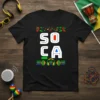 Soca Music Lover graphic tee with bold white "Soca" text, colorful musical notes, and headphone graphics