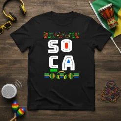 Soca Music Lover graphic tee with bold white "Soca" text, colorful musical notes, and headphone graphics