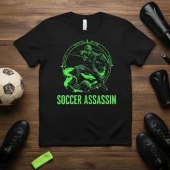 Black t-shirt with neon green "Soccer Assassin" text and a graphic of a ninja kicking a soccer ball
