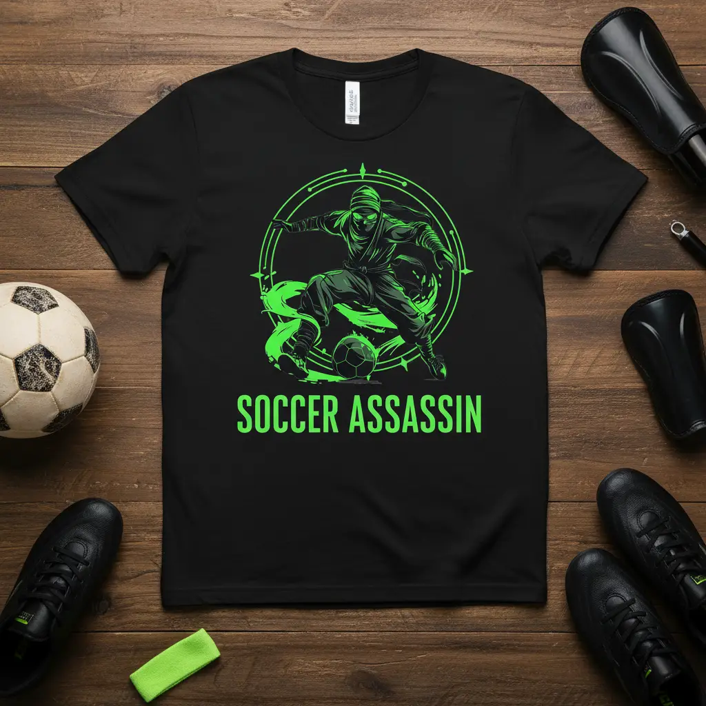 Soccer Assassin text and ninja graphic on a black tee, representing a soccer player with stealth skills