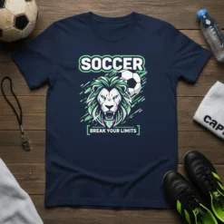 Navy t-shirt with "Soccer Break Your Limits" text and a roaring lion graphic with a soccer ball