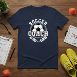 Navy t-shirt with "Soccer Coach" text and a soccer ball graphic, surrounded by a laurel wreath