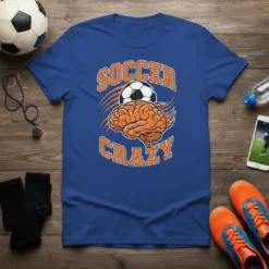 Blue t-shirt with "SOCCER CRAZY" text and a graphic of a soccer ball over a brain