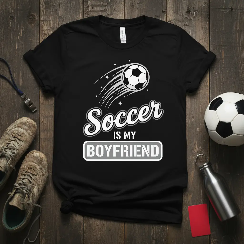 Soccer IS MY BOYFRIEND text with dynamic soccer ball graphic on black t-shirt