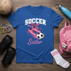 Blue t-shirt with "SOCCER Sister" text, pink soccer cleats, and a soccer ball graphic