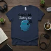 Social Battery low quote with a graphic of a blue head with a low battery indicator, dark heather navy t-shirt
