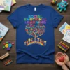 Social Emotional Learning text above a colorful tree with diverse children on a rainbow, on a royal blue t-shirt