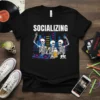 Socializing Skeleton DJ Party T-Shirt with skeletons dancing and drinking in a city nightlife scene