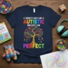 Autism awareness t-shirt with colorful text "Society Says I Am Autistic God Says I Am Perfect" and a vibrant tree