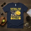 Softball Dad Like a Baseball Dad But With Bigger Balls funny quote t-shirt with graphic of baseball player and softball
