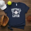 Softball Lifer t-shirt with white text and softball graphic on navy blue fabric