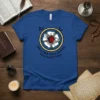 Lutheran Rose design with text Sola Fide Sola Gratia Sola Scriptura on a blue t-shirt