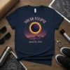 Solar Eclipse April 08, 2024 t-shirt with circular graphic of the sun's corona during an eclipse, mountains, and stars