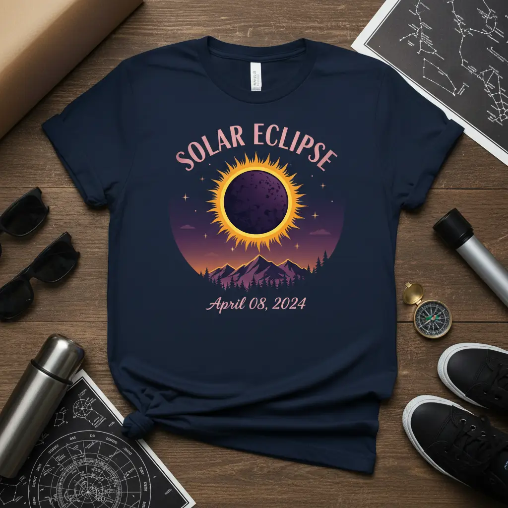 SOLAR ECLIPSE April 08, 2024 t-shirt design featuring a sun corona graphic with mountains and stars