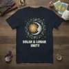 Solar & Lunar Unity t-shirt featuring a wreath of flowers and stars surrounding a sun and moon graphic