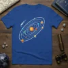 Solar System Planets T-Shirt showing the Sun, Mercury, Venus, Earth, Mars, Jupiter, Saturn, Uranus, Neptune, and a comet orbiting the
