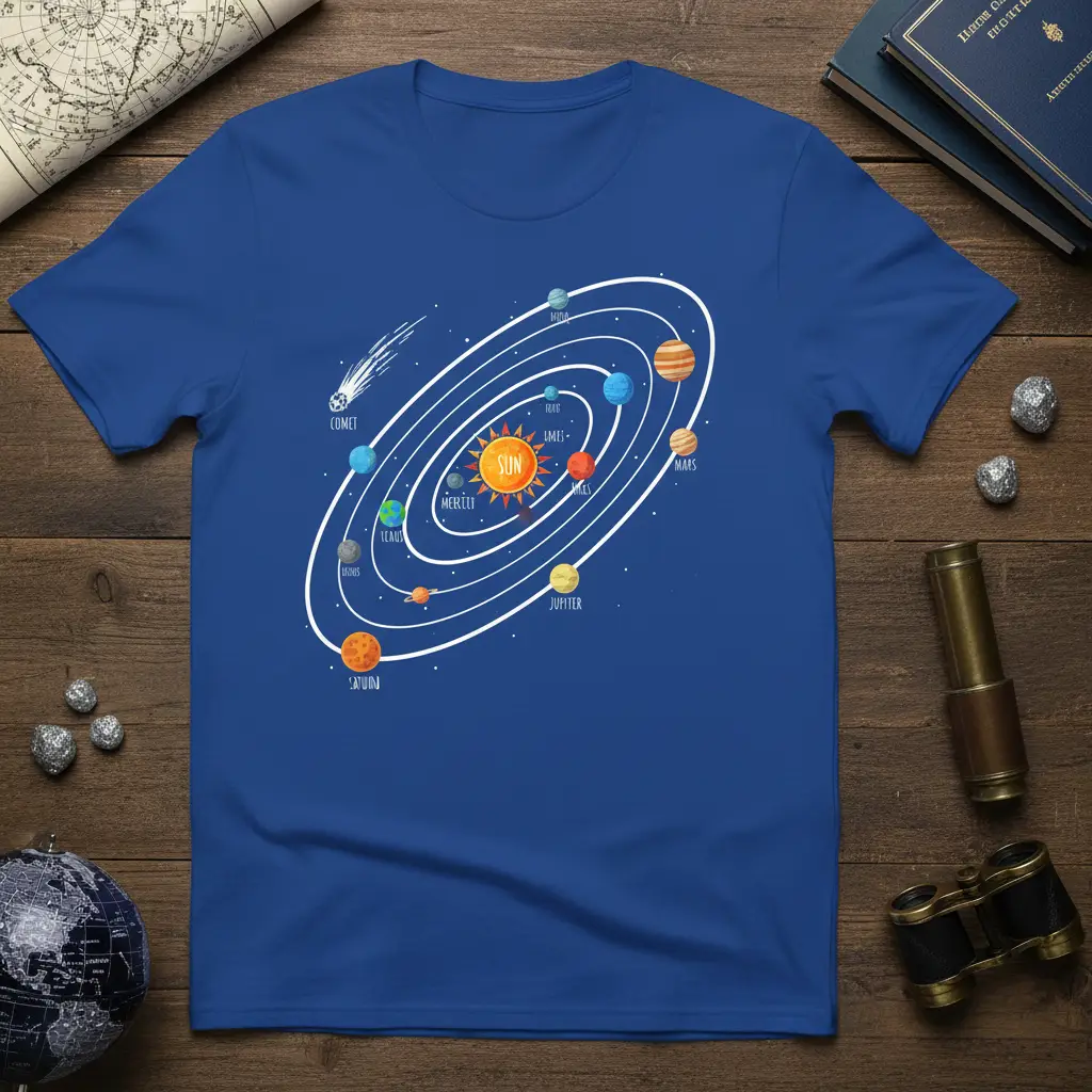 Colorful Solar System Planets T-Shirt design with labeled planets and a comet orbiting the Sun