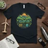 Solarpunk Community Power t-shirt design with green cityscape, solar panels, batteries, and wind turbine illustration