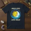 Solis Luna Luna Solis T-Shirt with a circular design of a sleeping sun and moon, surrounded by stars