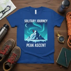 Solitary Journey Peak Ascent t-shirt design featuring a lone climber scaling a snowy peak under a vibrant aurora borealis sky