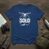 Navy blue t-shirt with "SOLO" text, a soaring hawk, and mountain graphic in white, representing solo adventure