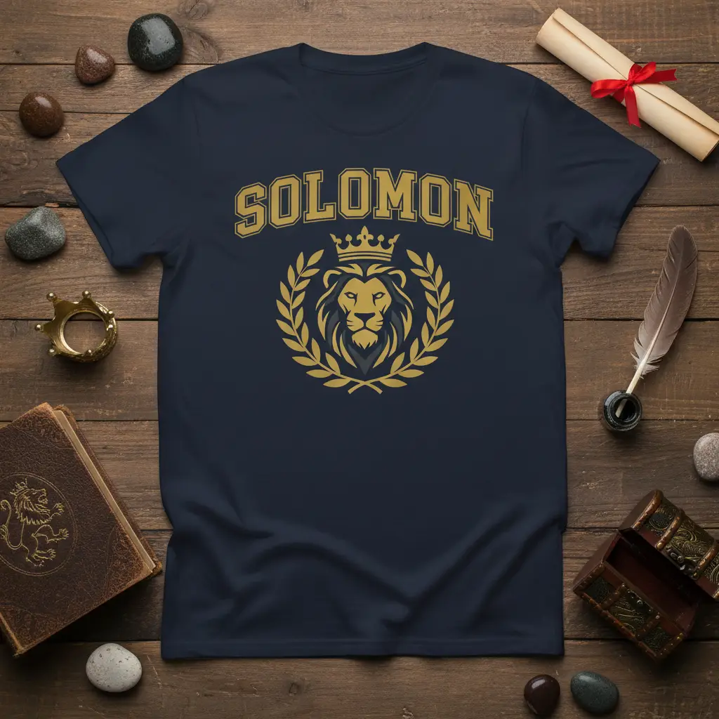 Navy SOLOMON collegiate text above golden lion with crown and laurel wreath design