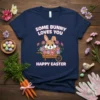 Some Bunny Loves You Happy Easter text with a cute bunny in a flower-filled wheelbarrow graphic