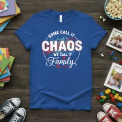 Royal blue t-shirt with "Some Call It CHAOS WE CALL IT Family" text design in white and red, featuring chaotic
