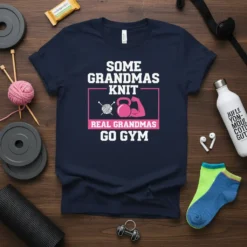 Some Grandmas Knit Real Grandmas Go Gym t-shirt with kettlebell and arm graphic