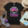 Some Grandmas Knit Real Grandmas Go Kayaking quote on black t-shirt with sunset and kayak graphic