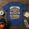 Some Grandmas Play Bingo Real Grandmas Lift Weights quote on a navy t-shirt, featuring barbell graphics and stars