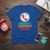Somebody's Emergency Contact quote on a blue t-shirt with a red phone icon and exclamation mark graphic