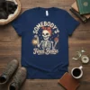 Somebody's Feral Bestie T-Shirt featuring a skeleton holding a lantern and yarn