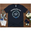 Navy blue t-shirt with "something blue crew" text and a floral wreath with wedding rings graphic