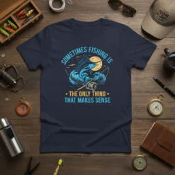 Navy blue t-shirt with the quote "Sometimes Fishing Is The Only Thing That Makes Sense" and a graphic of a