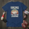 Sometimes I Can Almost Hear The Ten Pin Laughing quote with cartoon bowling pins wearing party hats on a navy
